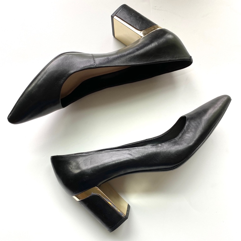 DKNY Black Leather Elie Pumps With Gold Heels